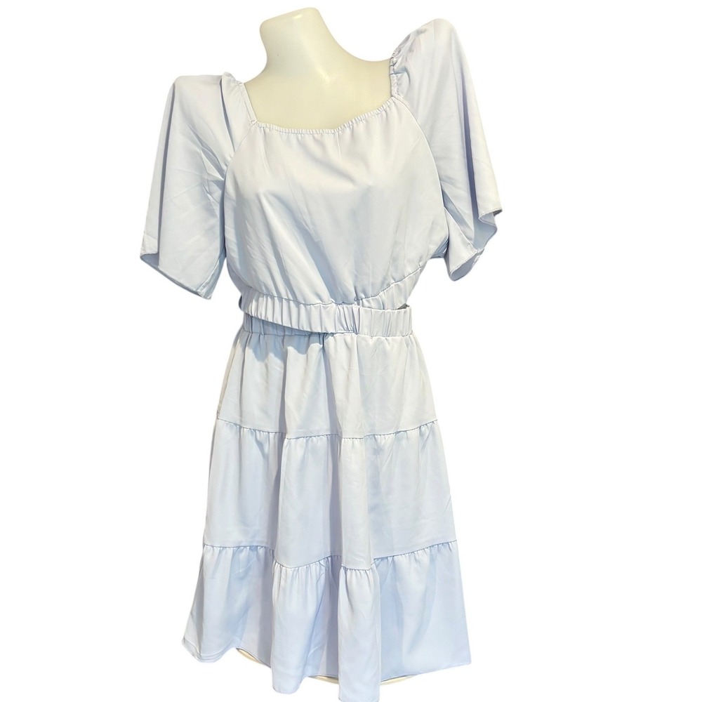 BTFBM Womens Two Piece Set Light Blue Open Back Tie Crop Top Tiered Mini Skirt S